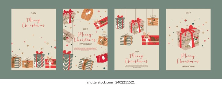 Merry Christmas greeting cards with gift boxes. Hand Drawn Doodle present boxes. Vector illustration. Design for poster, party invitation, brochure or flyer template with holiday presents.