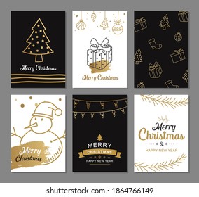 Merry christmas greeting cards with gold luxury decoration templates. Set of holiday posters, tag, banner, postcard design.