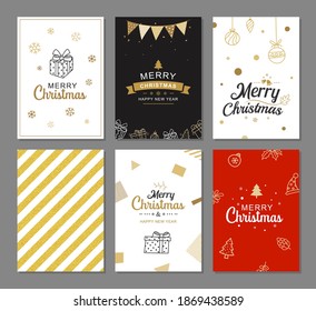 Merry christmas greeting cards with gold luxury decoration templates. Set of holiday posters, tag, banner, postcard design.