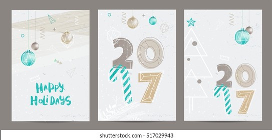 Merry Christmas Greeting Cards. Golden, white and blue colors.  Geometric trendy design greeting card in memphis, art deco outline style. Vector illustration