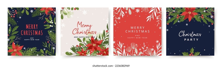 Merry Christmas greeting cards.  Hand drawn holiday background with christmas tree branches, red berries and snowflakes.  Winter vector illustration in flat style for cover, banner, social media post