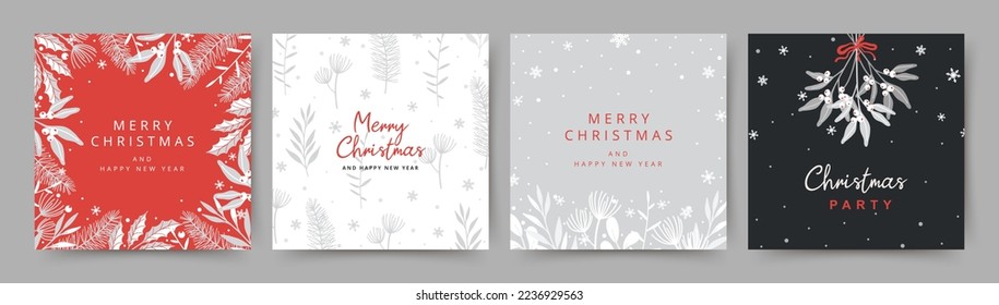 Merry Christmas greeting cards. Hand drawn holiday background with christmas tree branches, mistletoe and snowflakes. Winter vector illustration in flat style for cover, banner, social media post