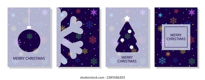 Merry Christmas greeting cards. Happy New Year banner or greeting card Set. Trendy modern Xmas design with typography and overlay elements, snowflakes, Christmas tree. Poster, social media template