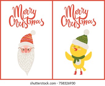 Merry Christmas greeting cards with happy Santa Claus face and singing yellow chicken isolated on white background vector illustration text postcards