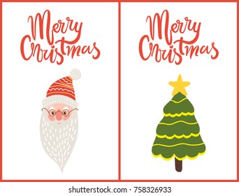 Merry Christmas greeting cards with happy Santa Claus face and green decorated tree isolated on white background vector illustration text postcards