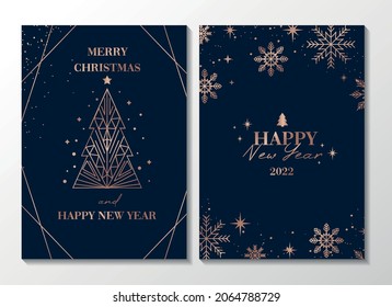 Merry Christmas greeting cards. Luxury New Year backgrounds for social media,banner, invitation with rose gold linear snowflakes and Christmas tree. Trendy Xmas design templates vector illustration.