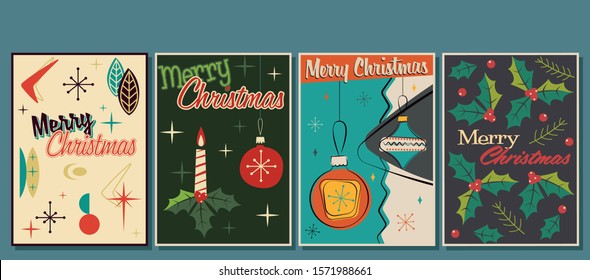 Merry Christmas Greeting Cards Mid Century Modern Style, Christmas Decoration, Candles, Holly Leaves and Berries, Vintage Colors and Shapes