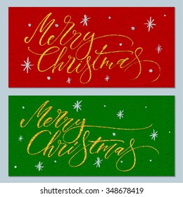 Merry Christmas greeting cards with modern calligraphy, hand drawn design elements and digitally made golden texture effect. Handwritten letters, vector illustration.