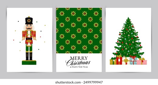 Merry Christmas greeting cards with Christmas Nutcracker toy soldier, decorated Christmas tree and green Vintage pattern background