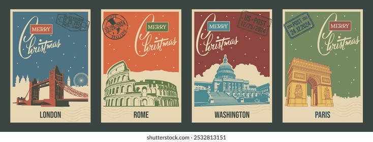 Merry Christmas Greeting Cards Retro Set, Washington, Paris, London, Rome Most Famous Landmarks, Capitol Building, Triumphal Arch, Tower Bridge, Colosseum, Postal Imprints. Vintage Postcard Style