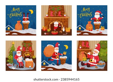 Merry Christmas greeting cards with Santa Claus. Vector illustration set.