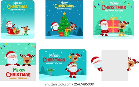 Merry Christmas Greeting Cards With Santa Claus, Reindeer, Snowman And Elf.Vector Hand Drawn Collection Set With Winter Backgrounds