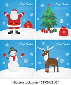Merry christmas greeting cards set. Christmas collections with Santa and other characters. Vector illustration