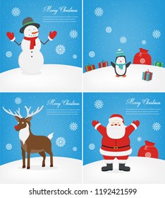 Merry christmas greeting cards set. Christmas collections with Santa and other characters. Vector illustration