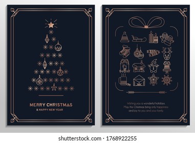 Merry Christmas greeting cards set with rose gold christmas tree, winter icons, navy blue and beige colors. Linear luxury banner, invitation, greeting card. Premium design vector illustration