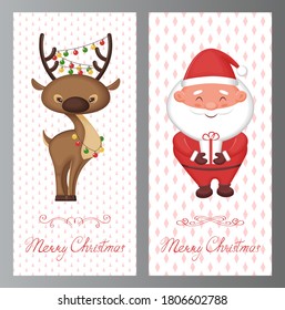 Merry Christmas greeting cards set. Cute cartoon characters Santa Claus and reindeer. Vector illustration.