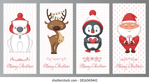 Merry Christmas greeting cards set. Cute cartoon characters on a white background. Vector illustration.