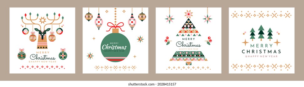 Merry Christmas greeting cards. Set of posters with Christmas toys, tree, deer and inscription. Modern collection of banner with white backdroup. Flat vector illustrations isolated on brown background