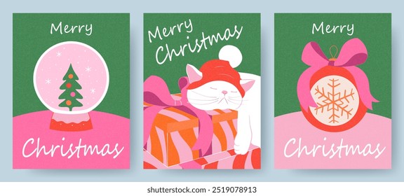 Merry Christmas greeting cards set. Modern Xmas design with typography and Christmas items, cute cat with gifts. Trendy hand drawn illustration for season banner, poster, cover. Vector illustration