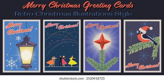 Merry Christmas Greeting Cards Set, Retro XMAS Postcards Style Illustrations, Mid Century Modern Colors and Style. Snowflakes, Bullfinch, Lantern, Ball, Spruce Branch