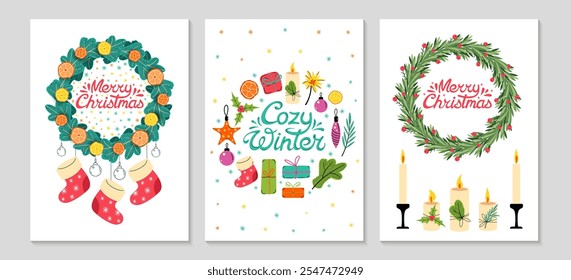 Feliz Natal cartões definidos. Coroa de Natal feita de ramos de pinho decorados com tangerinas, balões, presentes e vela. Lettering. Fundo de inverno. Ilustração plana vetorial.