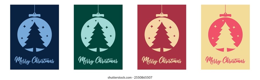 merry christmas greeting cards set with  christmas tree and decoration