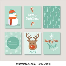 Merry Christmas greeting cards set with cute Snowman and deer retro designs. 