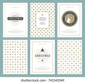 Merry Christmas greeting cards templates and golden patterns backgrounds, with place for Christmas holidays wish typographic design.Vector illustration.