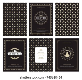 Merry Christmas greeting cards templates and golden patterns backgrounds, with place for Christmas holidays wish typographic design.Vector illustration.
