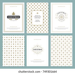 Merry Christmas greeting cards templates and golden patterns backgrounds, with place for Christmas holidays wish typographic design.Vector illustration.