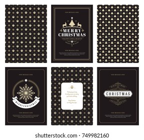 Merry Christmas greeting cards templates and golden patterns backgrounds, with place for Christmas holidays wish typographic design.Vector illustration.