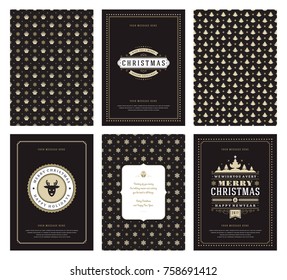 Merry Christmas greeting cards templates and golden patterns backgrounds, with place for Christmas holidays wish typographic design.Vector illustration.