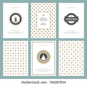 Merry Christmas greeting cards templates and golden patterns backgrounds, with place for Christmas holidays wish typographic design.Vector illustration.