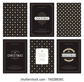 Merry Christmas greeting cards templates and golden patterns backgrounds, with place for Christmas holidays wish typographic design.Vector illustration.