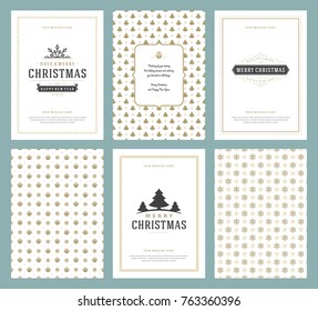 Merry Christmas greeting cards templates and golden patterns backgrounds, with place for Christmas holidays wish typographic design.Vector illustration.
