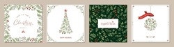 Merry Christmas Greeting Cards. Trendy Square Winter Holidays Art Templates. Suitable For Social Media Post, Mobile Apps, Banner Design And Web, Internet Ads.