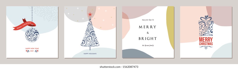 Merry Christmas greeting cards. Trendy abstract square Winter Holidays art templates. Suitable for social media post, mobile apps, banner design and web/internet ads. Vector fashion background.