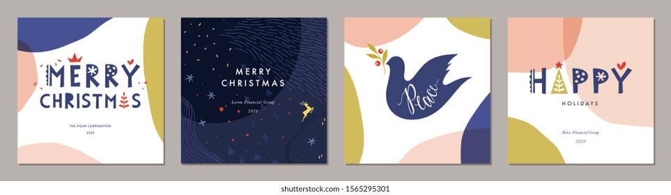 Merry Christmas greeting cards. Trendy abstract square Winter Holidays art templates. Suitable for social media post, mobile apps, banner design and web/internet ads. Vector fashion background.