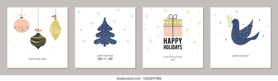 Merry Christmas greeting cards. Trendy square Winter Holidays art templates. Suitable for social media post, mobile apps, banner design and web/internet ads. Vector fashion background.