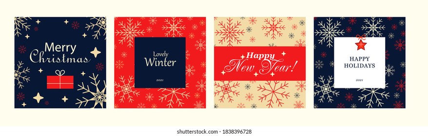 Merry Christmas greeting cards. Trendy  square Winter Holidays and Happy New Year art templates. Social media post, mobile apps, banner design and web/internet ads illustrations.