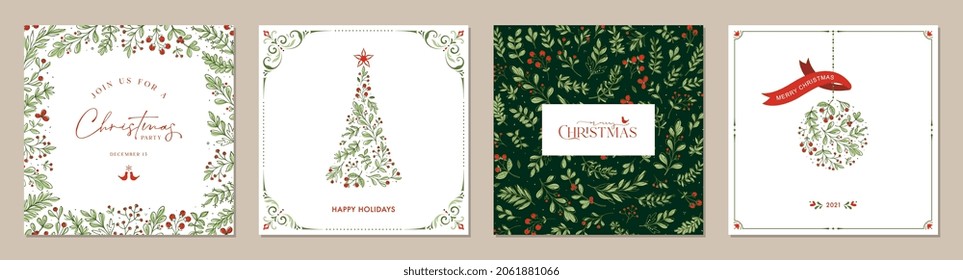 Merry Christmas greeting cards. Trendy square Winter Holidays art templates. Suitable for social media post, mobile apps, banner design and web, internet ads.