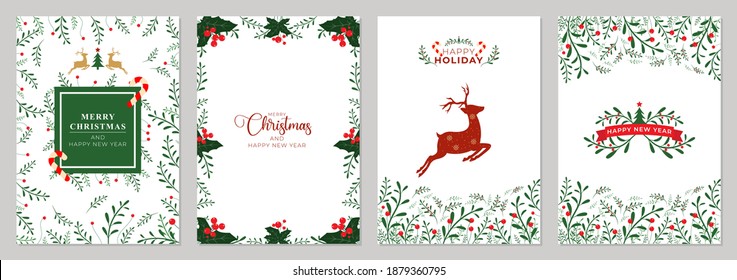 Merry Christmas greeting cards. Universal trendy Winter Holidays art templates. Vector backgrounds.