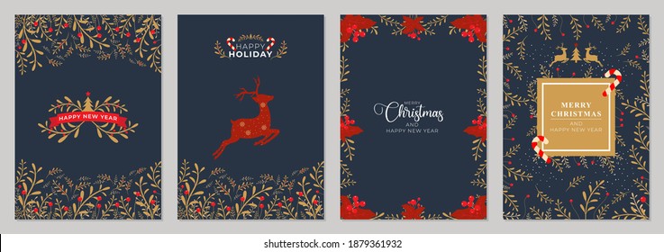 Merry Christmas greeting cards. Universal trendy Winter Holidays art templates. Vector backgrounds.