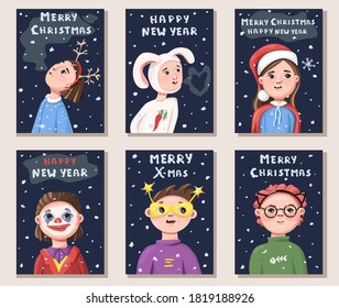  Merry christmas greeting cards vector illustrations set with portraits of people in festive costumes. Хmas and happy new year postcards, party invitations and posters.