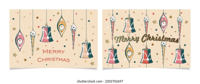 Merry Christmas greeting cards with vintage Christmas tree decorations. Illustration in retro style design with golden glitter lettering. Party invitations. Xmas postcards with tree toys.