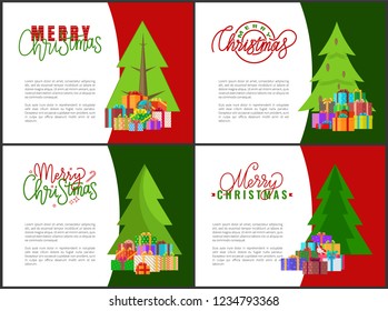 Merry Christmas greeting cards with Xmas tree and packed gift boxes. Piles of presents under New Year spruce, leaflets or invitations with place for text