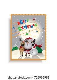 Merry Christmas greeting card-Santa Claus, reindeer and snowman singing a Christmas carol with the sheet music in the air.Vector illustration.