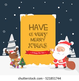 Merry Christmas greeting card.Santa and reindeer.