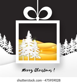 Merry Christmas greeting card.View of white and gold metal foil mountains on background with christmas trees and origami gift box frame. Mountain landscape. Paper cut style. Invitation Template.