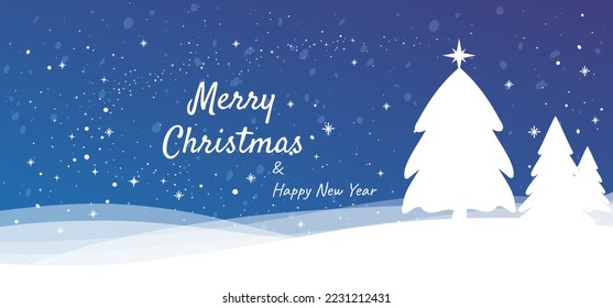 Merry Christmas greeting cart, template,Blue, violet, purple colour. Christmas tree, snowflakes, snow, magic sparkles